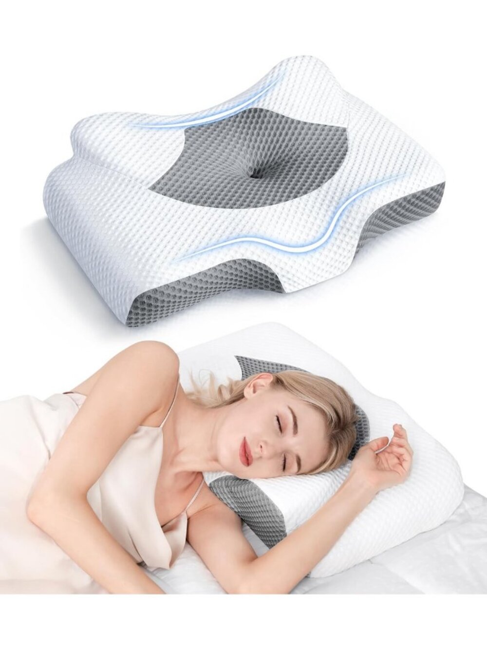 Cervical Neck Pain Relief Pillow, Adjustable Memory Foam with Cooling Case